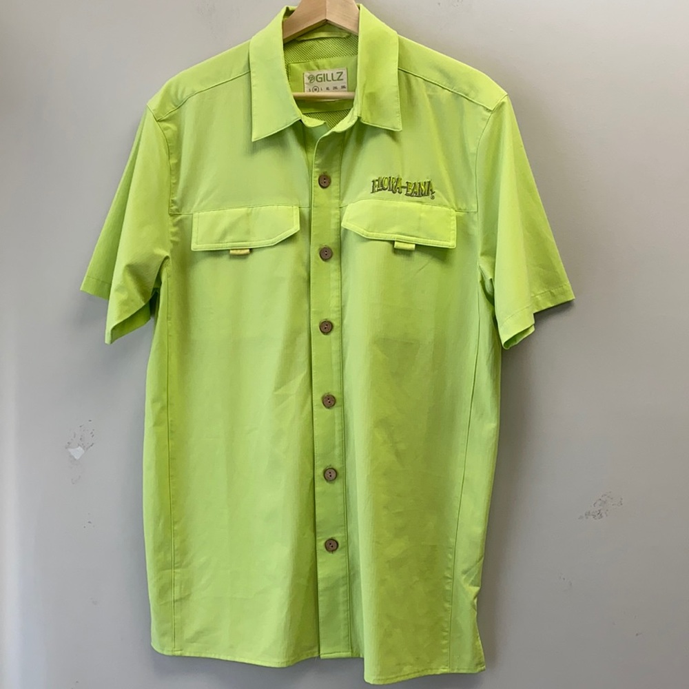 Gillz Flora Bama bright green fishing button up shirt medium